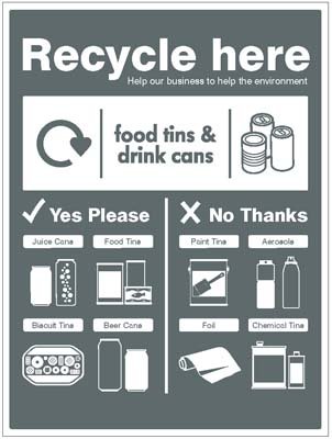 Food tins and drink cans - WRAP Recycle here sign   Size: H (300