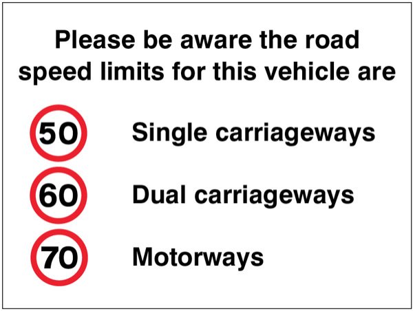 Please be aware the road speed limits for this vehicle are 50,60,70mph